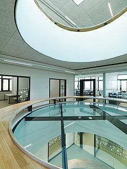 Light-flooded interior with plenty of glass and wood.