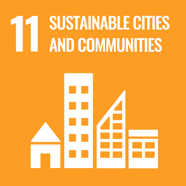 Icon mit Häusern. Darüber steht: Sustainable Cities and Communities.