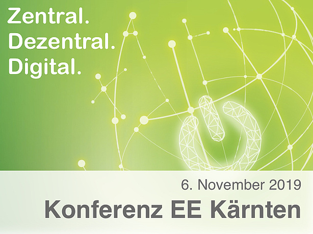 Green Background with schematic globe, Power On/Off-Logo und text "Zentral. Dezentral. Digital".