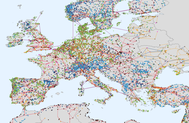 Power grid and power plants of Europe on a map.