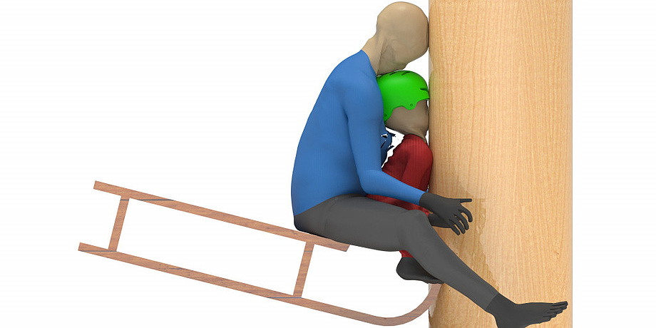 Computer simulation of a toboggan crash: Child sitting on the toboggan is trapped between an adult sitting behind it and a tree.