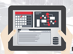 Grafik eines Tablets mit Daten am Bildschirm neben einem Mikroskop
