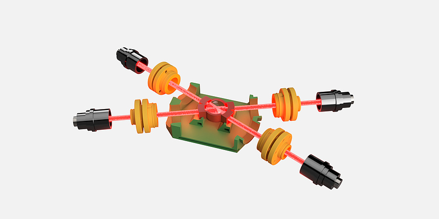 Computer graphic of a technical device in which two laser beams intersect at a point in the centre of the image at a 45-degree angle. There is a measuring instrument beneath the laser beams.