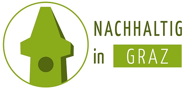 Ein grüner Uhrturm ist zu sehen, daneben der Schriftzug "Nachhaltig in Graz".