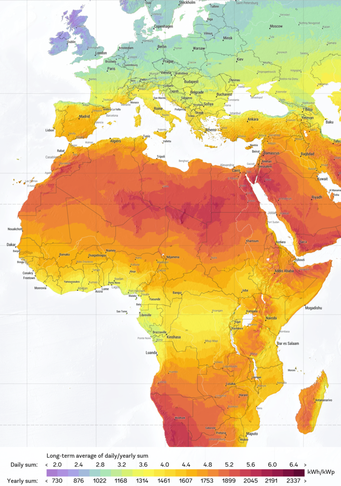 A map of Europe and Africa. Africa is largely red and yellow coloured, while Europe is largely yellow and green coloured. Bellow it says: Long-term average of daily/yearly sum.  