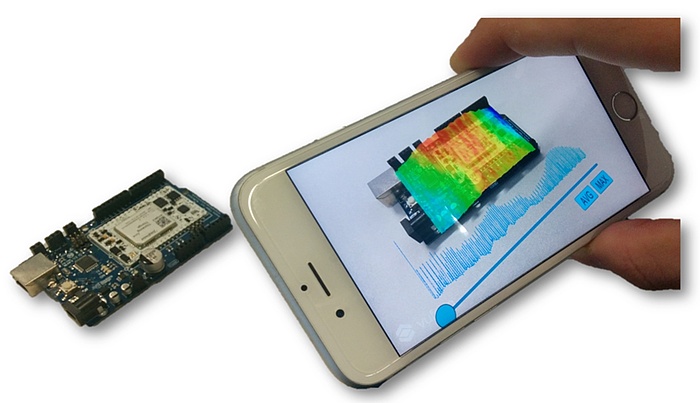 A mobile phone scanning a device.