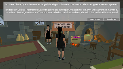 Screenshot of a computer game in which two characters are talking to each other. A quest text is displayed at the top.
