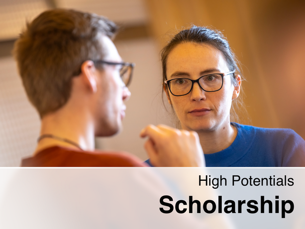 A woman with glasses listens attentively to a young man during a conversation in a bright room; the bottom shows the text “High Potentials Scholarship.”