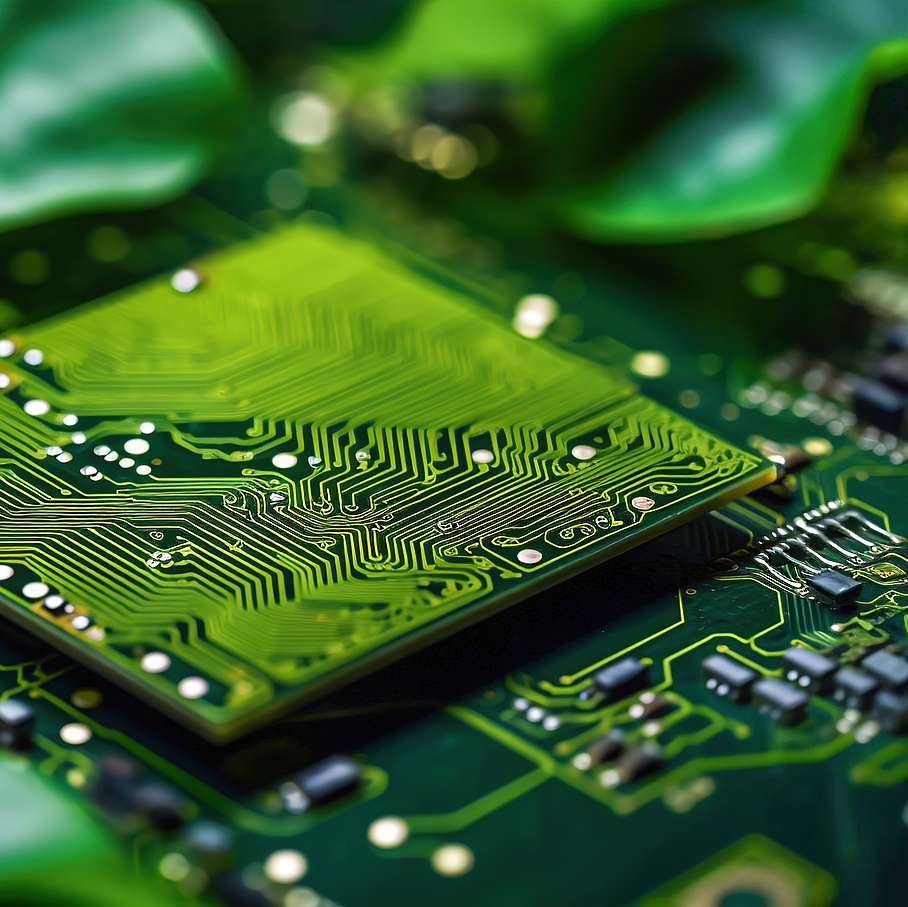 Grüner Mikrochip auf Leiterplatte und grüne Blätter. 
