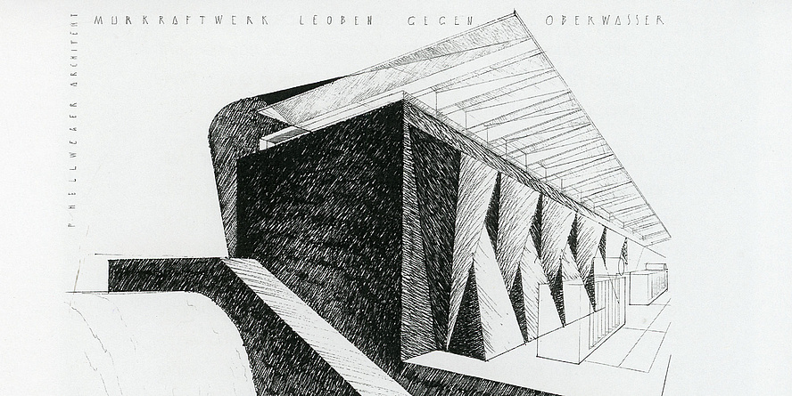 Bleistiftzeichnung des Murkraftwerks Leoben