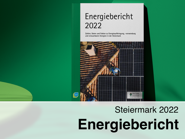 Cover des Energieberichtes des Landes Steiermark mit PV-Anlage auf einem Dach bei Sonnenuntergang.