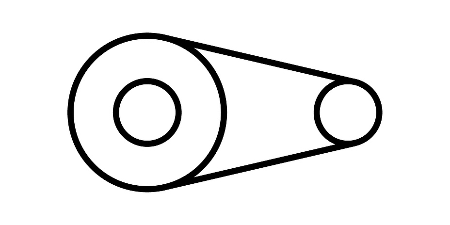 On the left, a large circle surrounds a small circle. Starting at the top and bottom of the large circle, two lines lead to a small circle on the right.