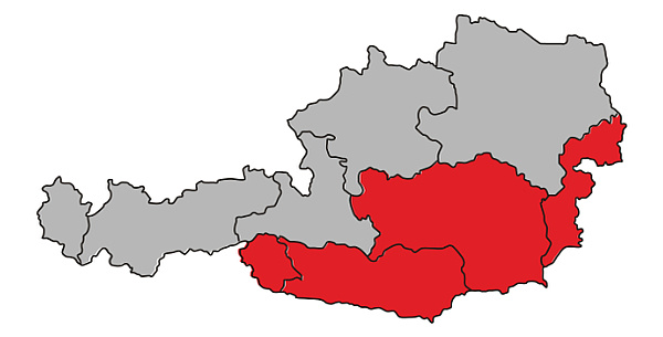 Map of Austria. Carinthia, Styria and Burgenland are coloured red.