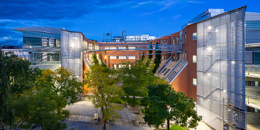 Under a night blue sky a building is brightly lit. In the foreground are trees with green leaves in a courtyard.