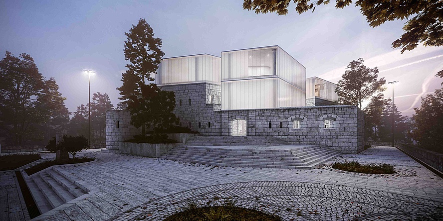 Architectural design of the superstructure of an old stone fortress with translucent ashlars in a park, shown in the evening light.