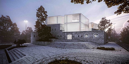 Architektonischer Entwurf der Überbauung einer alten steinernen Festungsanlage mit durchscheinenden Quadern in einem Park, dargestellt im Abendlicht.