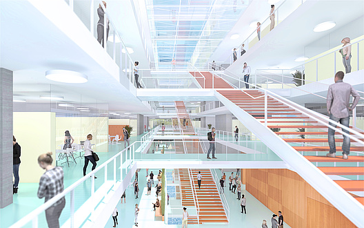 Graphic representation of a staircase with lots of wood, surrounded by bright corridors.