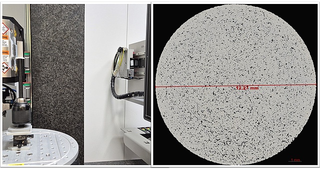 Left.  A”3D-printed” Nickel sample, 12.3 mm diameter, produced via additive manufacturing using a laser power bed fusion process by  Marlene Eichlseder from IMAT, TUGRAZ.  On the  right we see a 2D slice of this sample showing  the porosity.