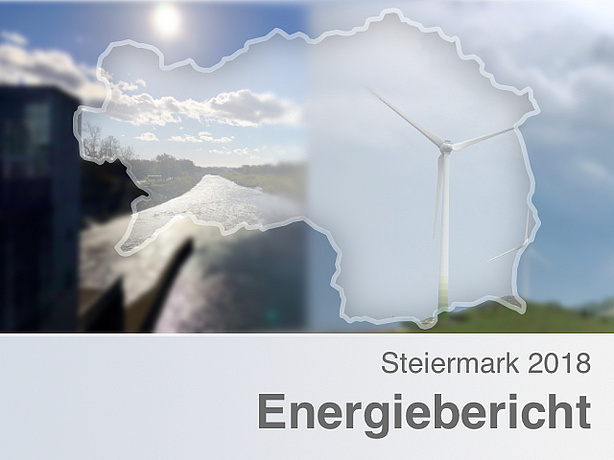 Fotomontage mit Mur auf der linken Seite und einem Windkraftwerk auf der rechten Seite überlagert durch den Umriss der Steiermark.