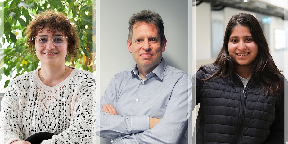 A collage shows three people in portrait: a woman with curly hair wearing glasses and a white pullover, a man with short hair and a blue shirt and a woman with long hair in a black jacket.