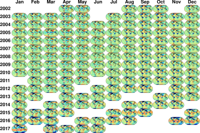 Mosaic of gridded GRACE monthly solutions filtered with a 350km Gaussian filter.