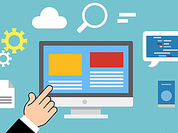 Grafik mit Computerbildschirm, einer Hand und weiteren Icons