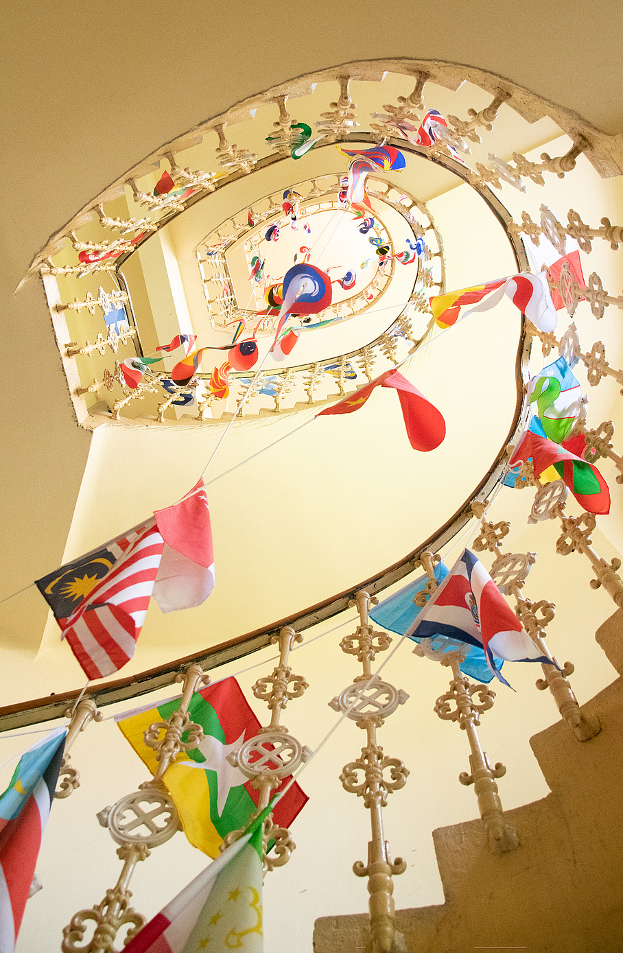 Staircase with national flags from different countries