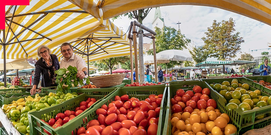 Frau Siegmund und Herr Leitner umgeben von frischem Gemüse auf dem Kaiser-Josef-Markt