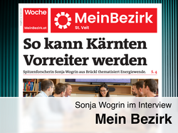 Front page of “MeinBezirk St. Veit” from June 3, 2026, with the headline “So kann Kärnten Vorreiter werden,” subtitle about Sonja Wogrin on the energy transition, image of a discussion round, and note “Sonja Wogrin im Interview – Mein Bezirk.”