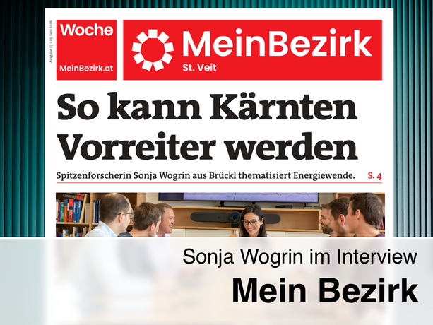Front page of “MeinBezirk St. Veit” from June 3, 2026, with the headline “So kann Kärnten Vorreiter werden,” subtitle about Sonja Wogrin on the energy transition, image of a discussion round, and note “Sonja Wogrin im Interview – Mein Bezirk.”