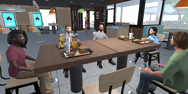 Ein Bild aus einer Computersimulation. Ein Tisch in einem Kaffeehaus, an dem fünf Menschen sitzen. Es stehen Getränke und Essen auf dem Tisch.