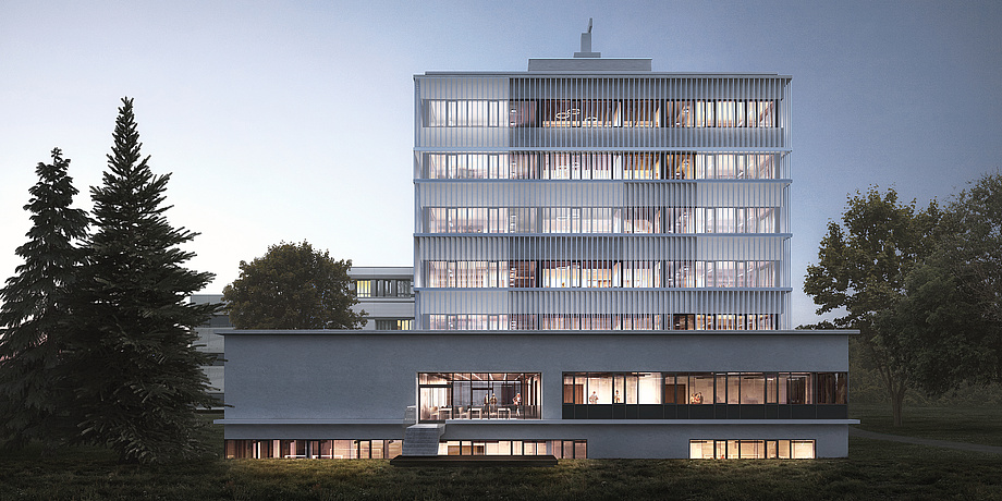 Rendering of a seven-storey white building at dusk