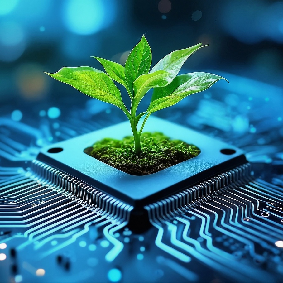 Aus einem blauen Mikrochip wächst eine grüne Pflanze, die die Verschmelzung von Technologie und Natur in einer futuristischen Umgebung symbolisiert
