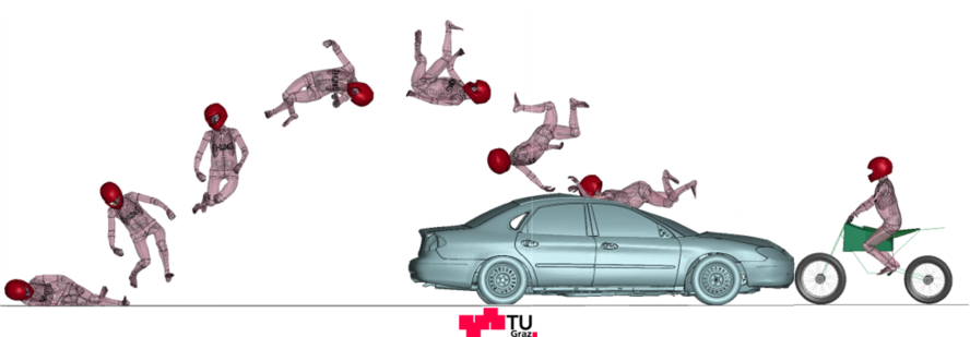 Computersimulation eines Mopedfahrers, der über ein Auto fällt