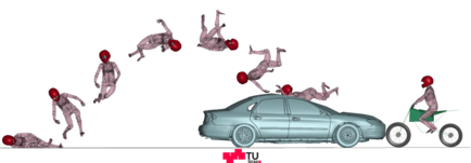 Computer simulation of a moped driver falling over a car