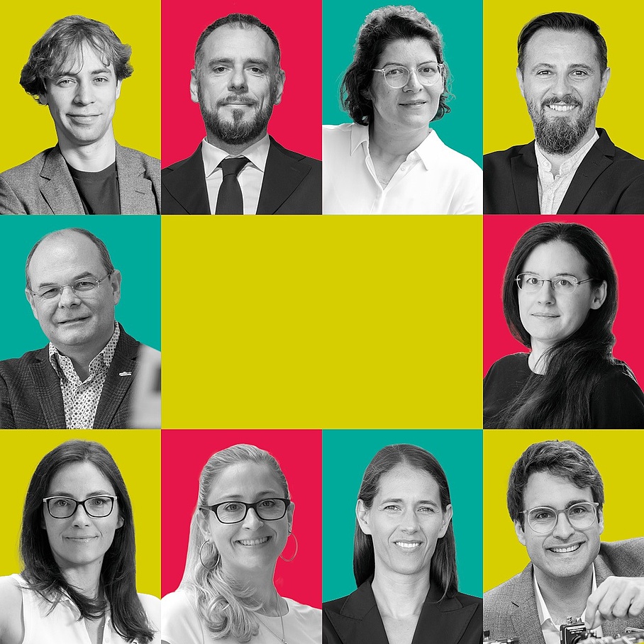 Black-and-white portraits of ten people on a colorful background.