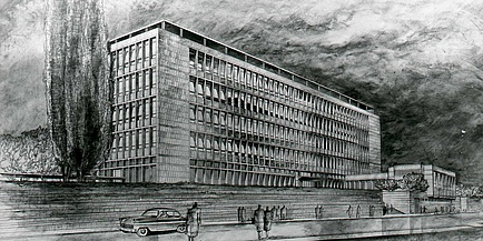 Sketch of an elongated modern building with stairs and street in the foreground.