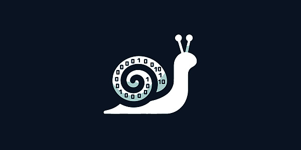Eine stilisierte Schnecke vor schwarzem Hintergrund.