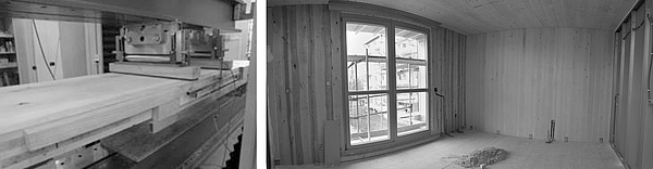 links: Biegeprüfung einer BSP-Platte; rechts: Innenansicht eines BSP-Gebäudes im Rohbau