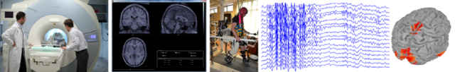 project banner. An MRI scanner at left hand, MRI images and a walking person with EEG electrodes in center, EEG signals and EEG brain mapping at right hand.