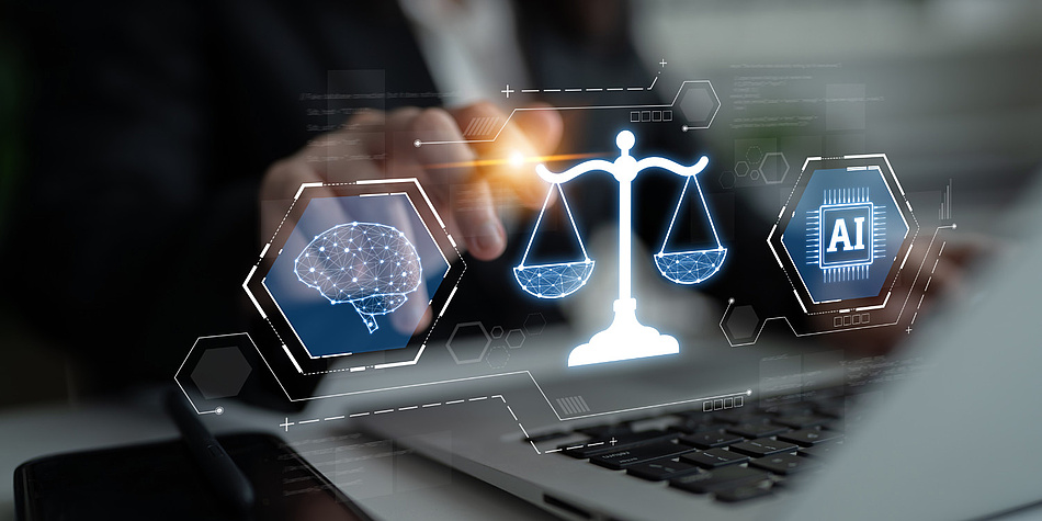 A person is typing on a laptop keyboard, above which hovers a hologram depicting a set of scales, a brain and a microchip.