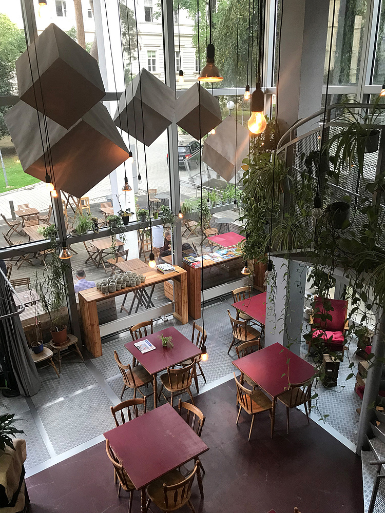 Inside view of Café CORK from the gallery on modern hanging lamps, hanging green plants and red tables and chairs made of wood on the first floor.