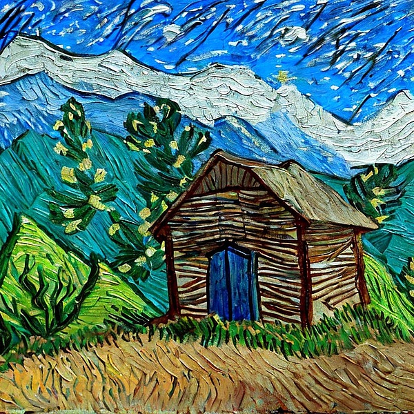 Eine Berghütte in den Alpen im Stil von Vincent van Gogh.