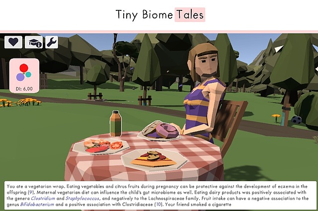 A person sitting at a table with a plate of food, a bottle, and a glass. Trees and a meadow in the background.