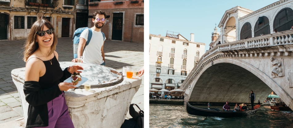 Zwei Fotos: eine junge Frau und ein junger Mann lächeln in die Kamera; Blick auf Rialtobrücke in Venedig
