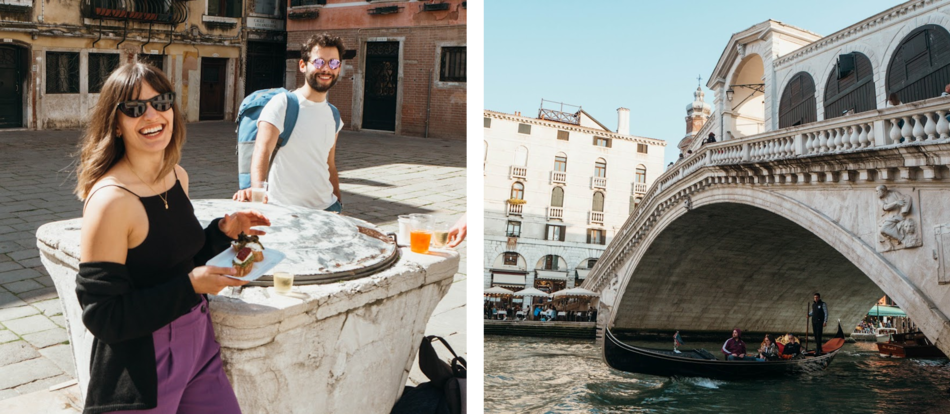 Two photos: a young woman and a young man smiling at the camera; view of Rialto Bridge in Venice