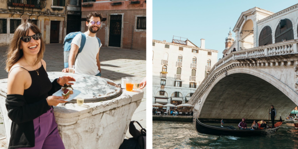 Two photos: a young woman and a young man smiling at the camera; view of Rialto Bridge in Venice