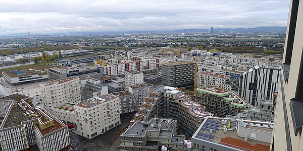 Buildings of a city in top view.