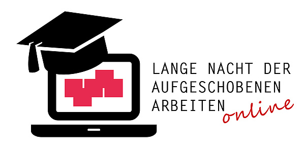 Notebook and graduation cap. Text: Lange Nacht der aufgeschobenen Arbeiten online.