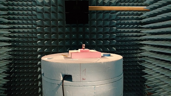 A room lined with blue foam spikes. A pink cylinger sits in the middle of it.